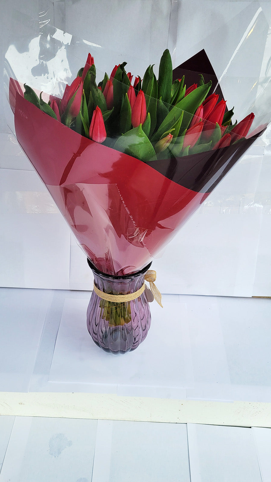 Fresh Cut Tulips: 30Pcs Red Tulips Wrapped in Bouquet