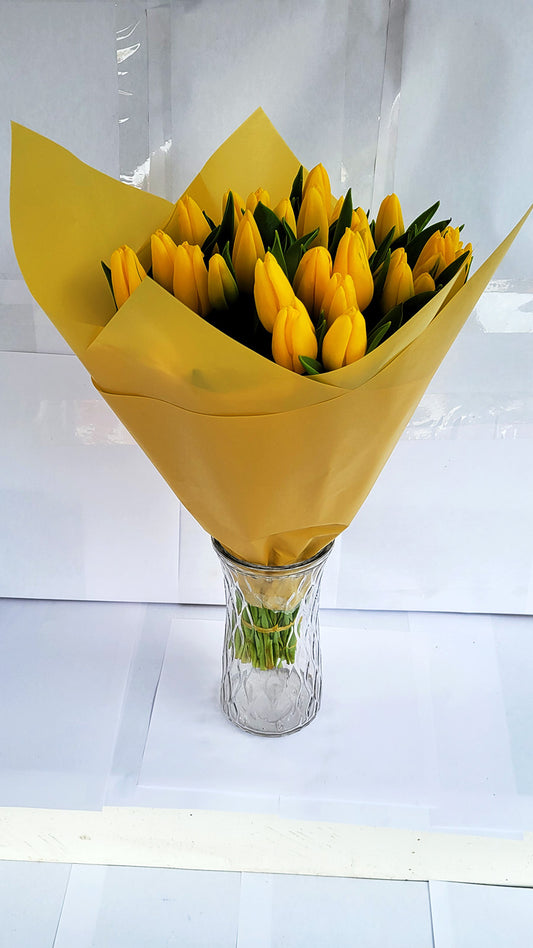 Fresh Cut Tulips: 30Pcs Yellow Tulips Wrapped in Bouquet