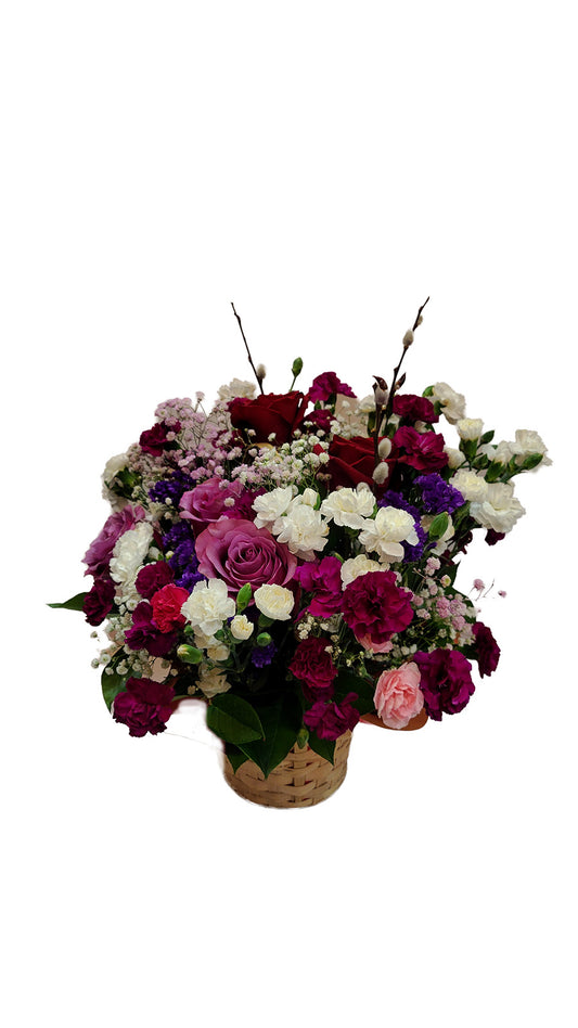 Purple and red roses with mini carnation flower Basket