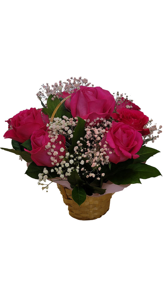 Red-Pink Rose with Baby Breathe flower basket