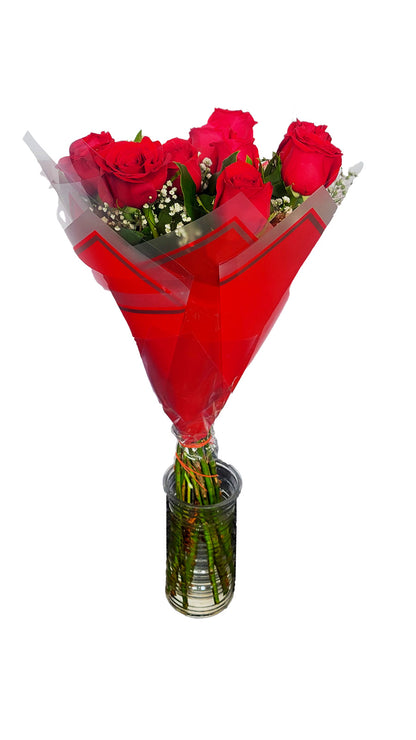 11 Stem of red roses with baby breathe and lemon leaves bouquet