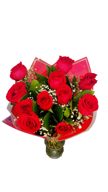 11 Stem of red roses with baby breathe and lemon leaves bouquet