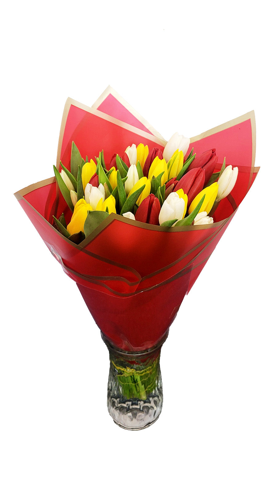 30 Stem Tulips: Red White and Yellow